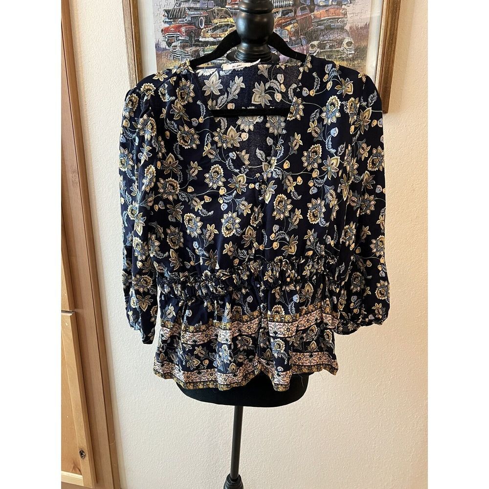 MI AMI SZ XL 100% Rayon Navy Blue  Flowers Buttoned Top‎ V-Neck Blouse Shirt 411